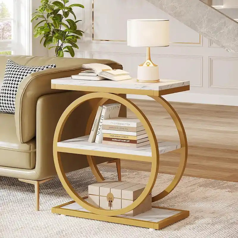 Table d'appoint avec 3 étagères de rangement, Table d'appoint étroite en bois