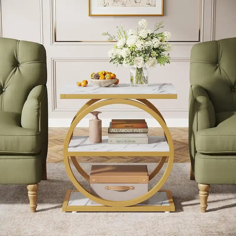 Table d'appoint avec 3 étagères de rangement, Table d'appoint étroite en bois