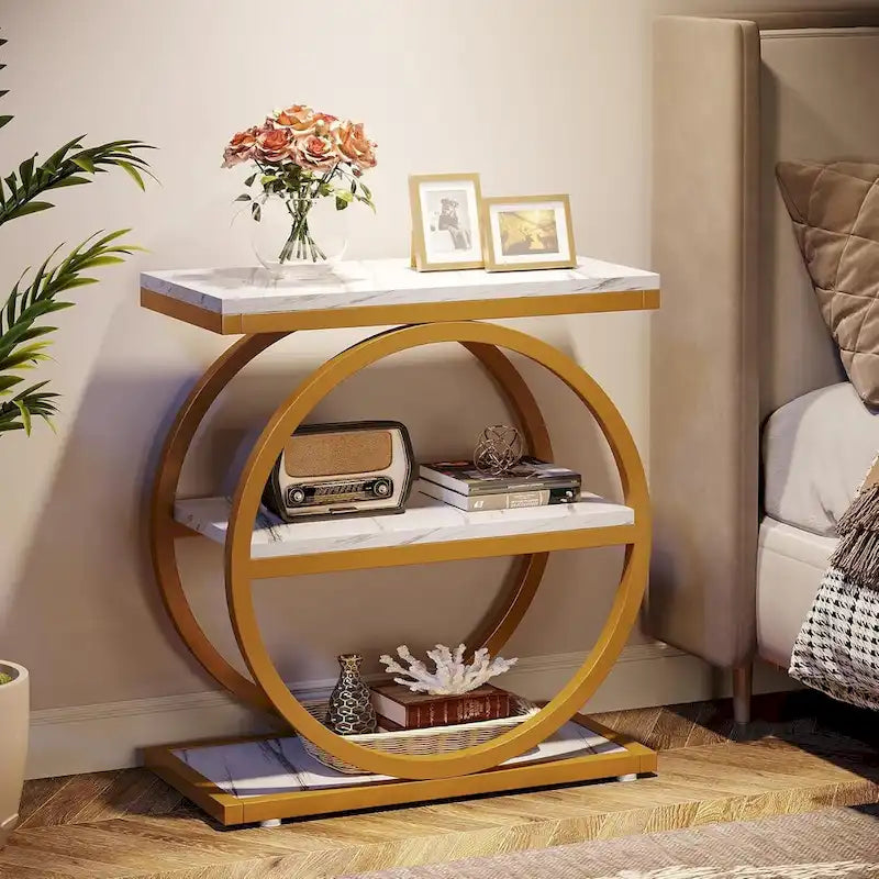 Table d'appoint avec 3 étagères de rangement, Table d'appoint étroite en bois