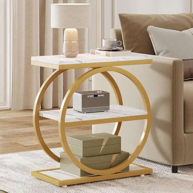 Table d'appoint avec 3 étagères de rangement, Table d'appoint étroite en bois