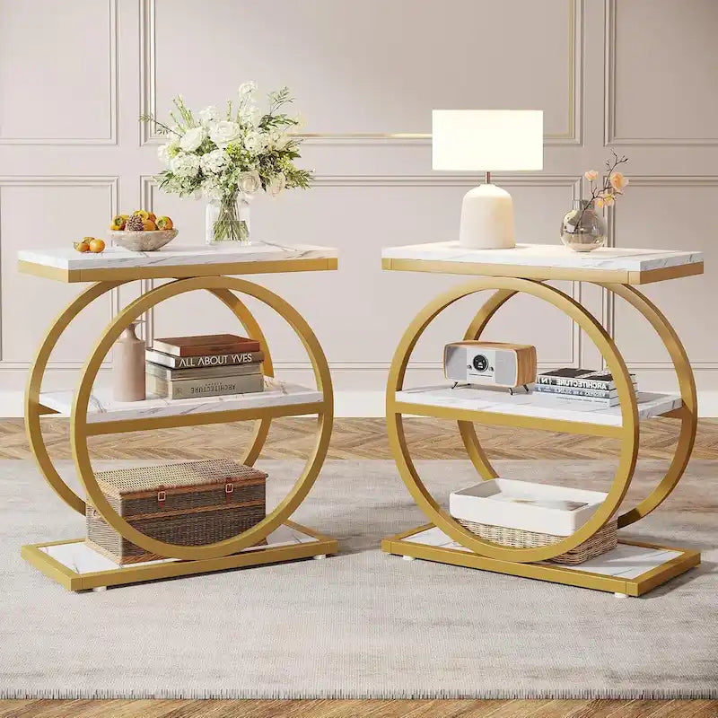 Table d'appoint avec 3 étagères de rangement, Table d'appoint étroite en bois