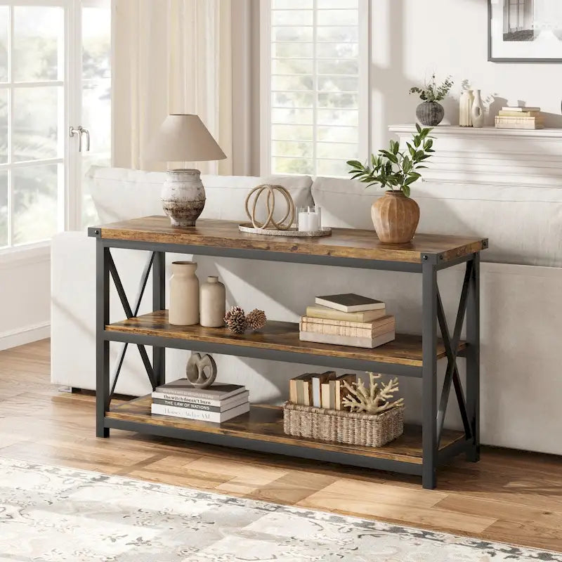 Console étroite et longue avec rangement, table de canapé en bois à 3 niveaux