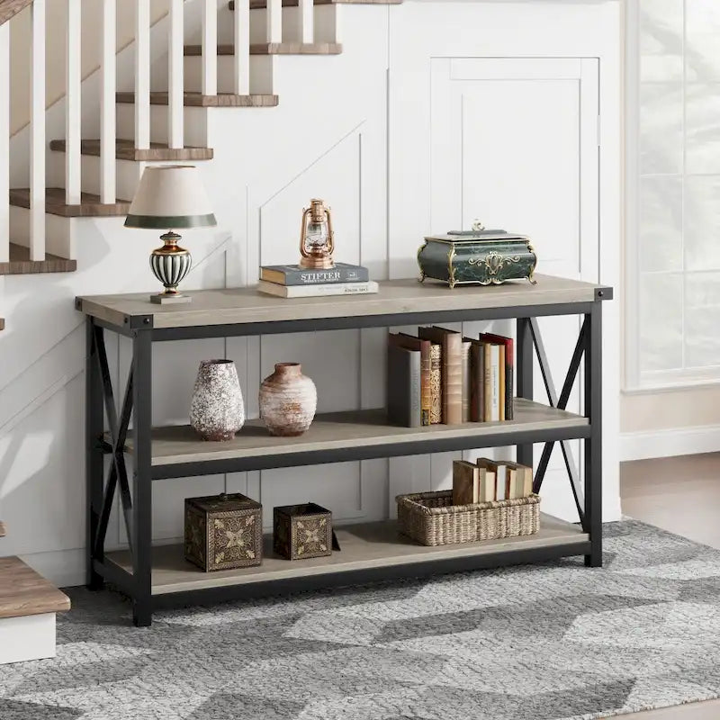 Console étroite et longue avec rangement, table de canapé en bois à 3 niveaux