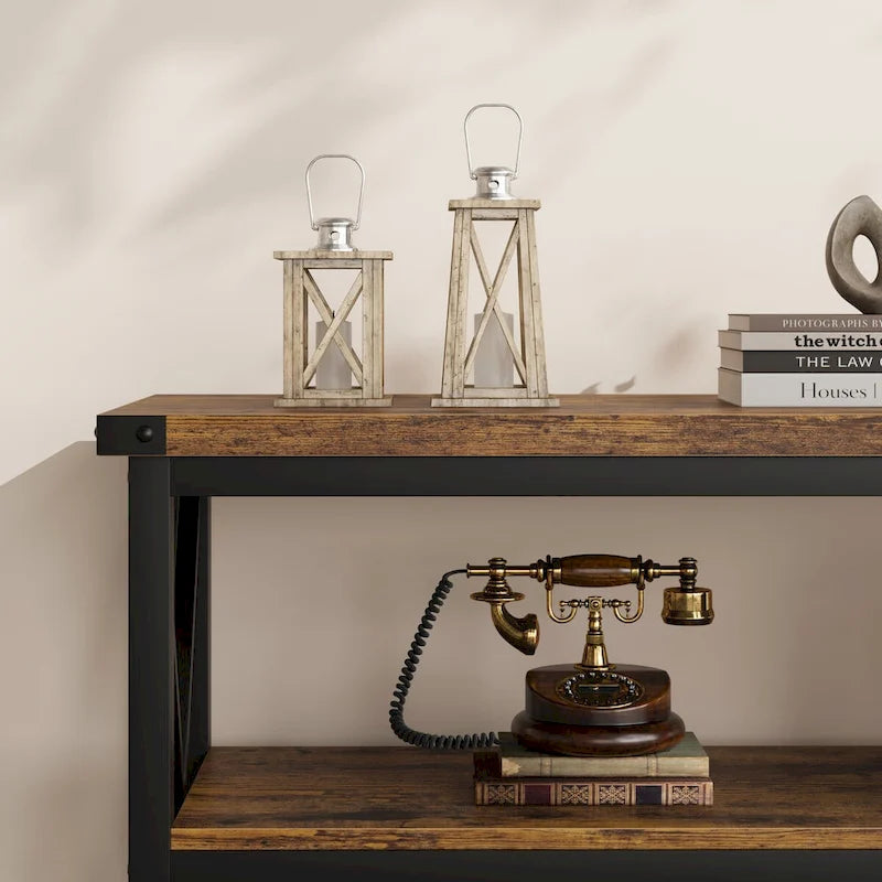 Console étroite et longue avec rangement, table de canapé en bois à 3 niveaux