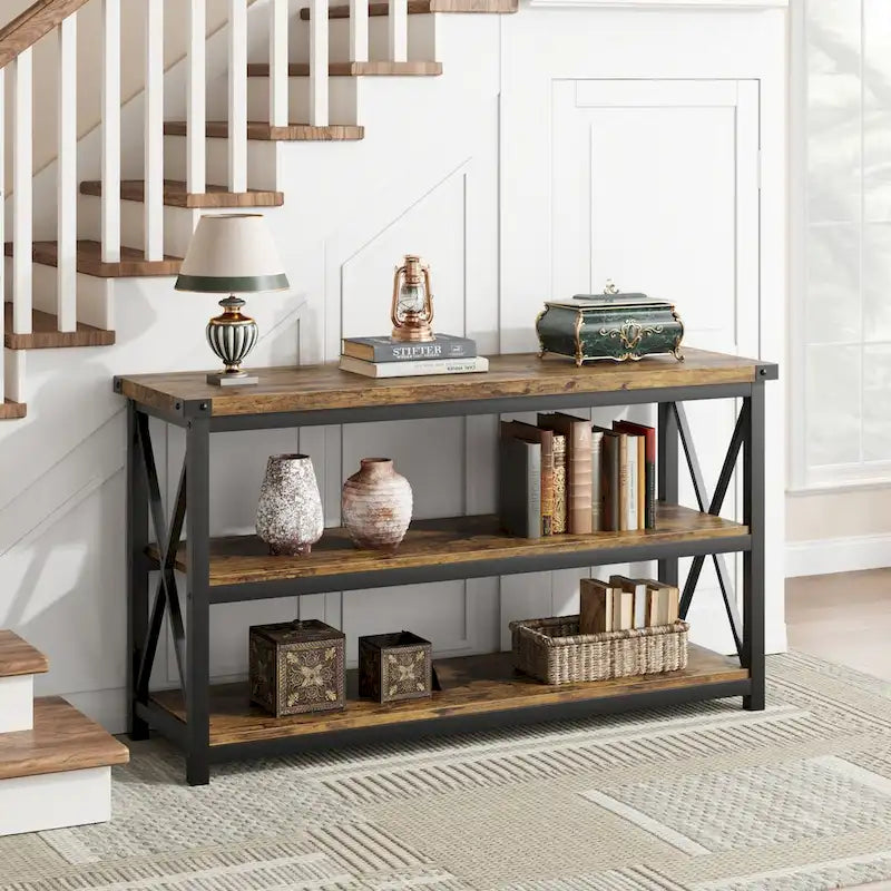 Console étroite et longue avec rangement, table de canapé en bois à 3 niveaux