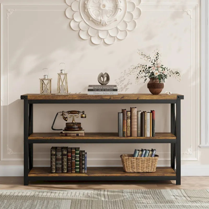 Console étroite et longue avec rangement, table de canapé en bois à 3 niveaux