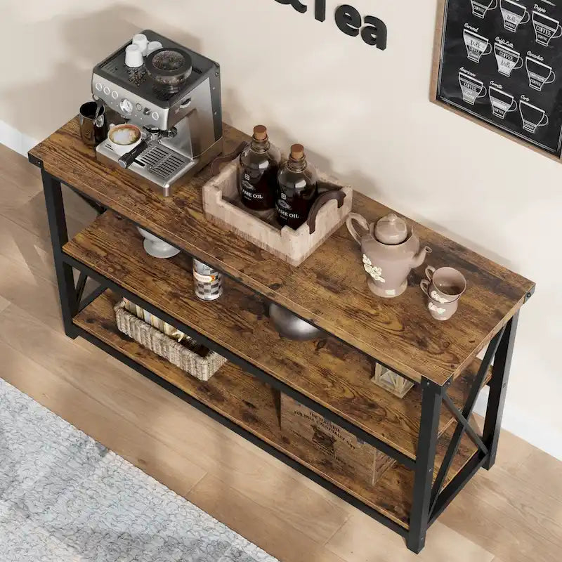 Console étroite et longue avec rangement, table de canapé en bois à 3 niveaux