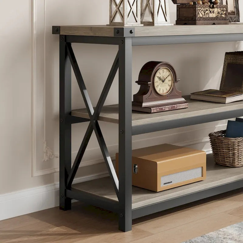 Console étroite et longue avec rangement, table de canapé en bois à 3 niveaux