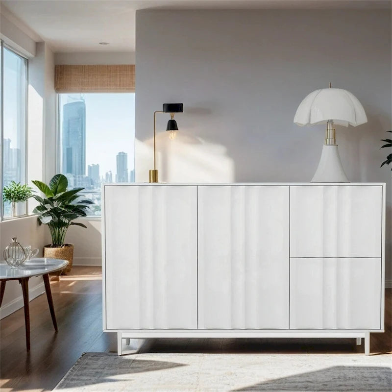 Meuble de Rangement à Motif Vague avec 2 Portes et 2 Tiroirs, Réglable