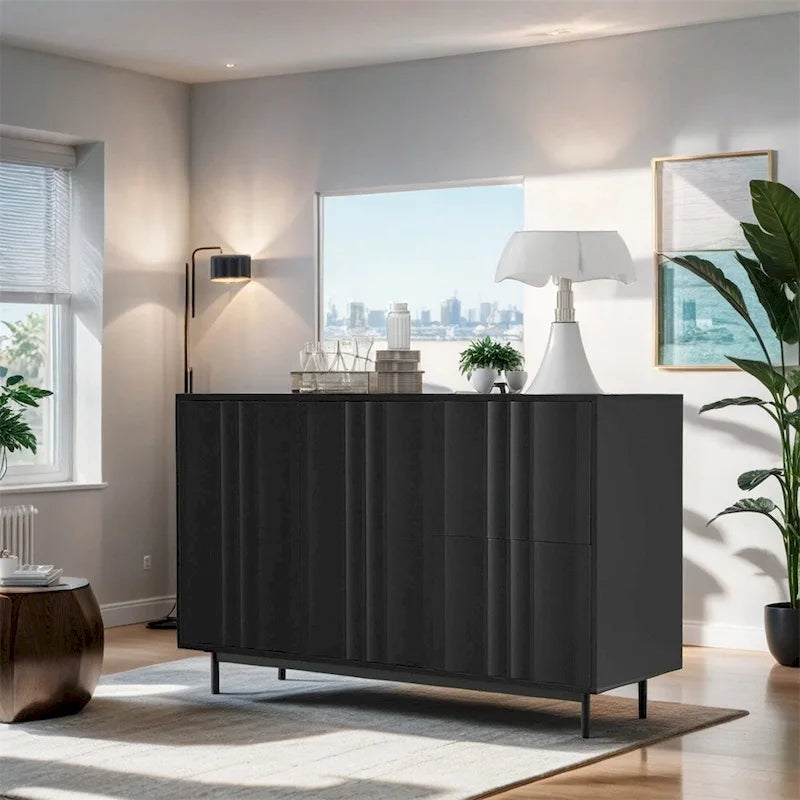 Meuble de Rangement à Motif Vague avec 2 Portes et 2 Tiroirs, Réglable