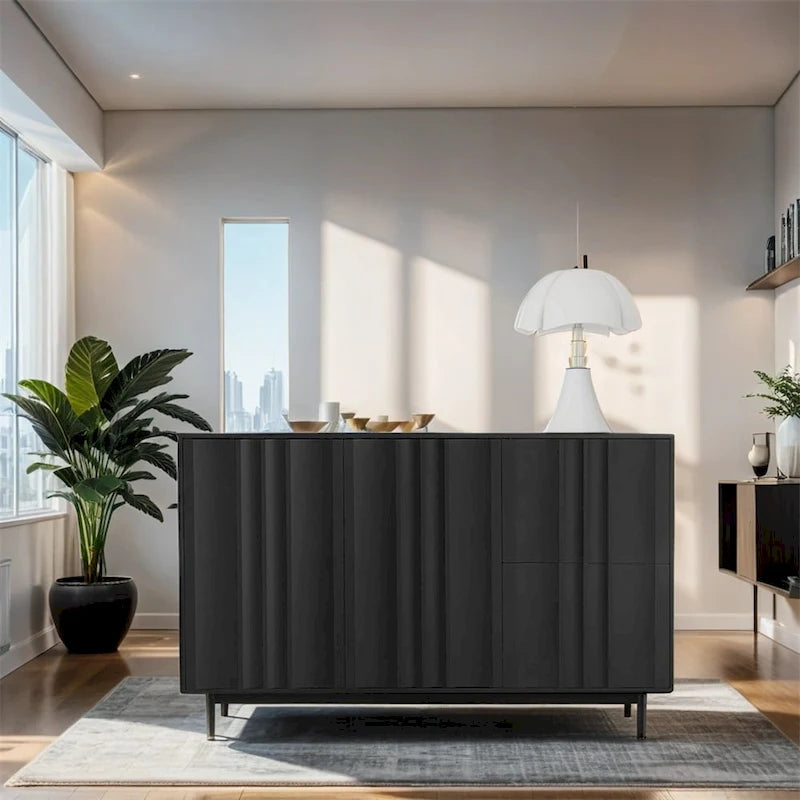 Meuble de Rangement à Motif Vague avec 2 Portes et 2 Tiroirs, Réglable