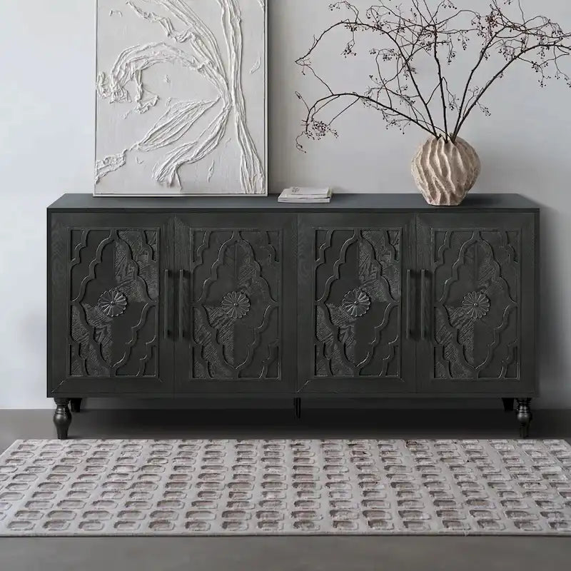 Grand meuble de rangement à porte sculptée fleurie avec poignée en métal