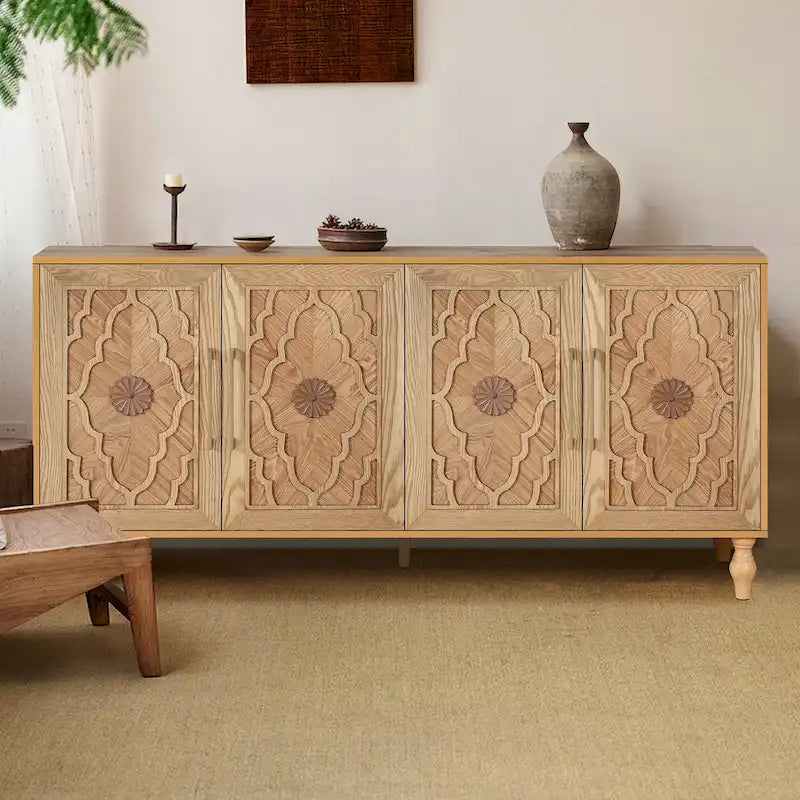 Carved Flower Door Large Storage Cabinet With Metal Handle