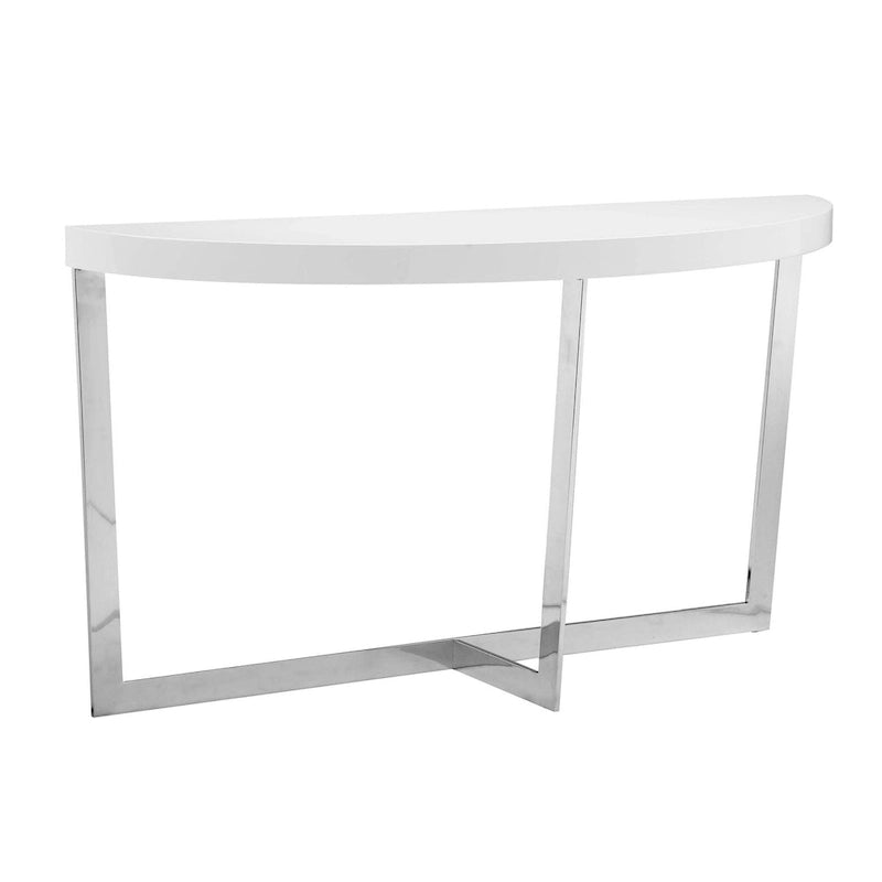 Console Tini de 55 po, plateau ovale, cadre chromé, fini blanc épuré