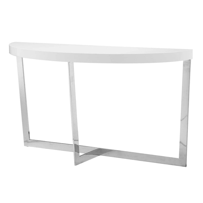 Console Tini de 55 po, plateau ovale, cadre chromé, fini blanc épuré