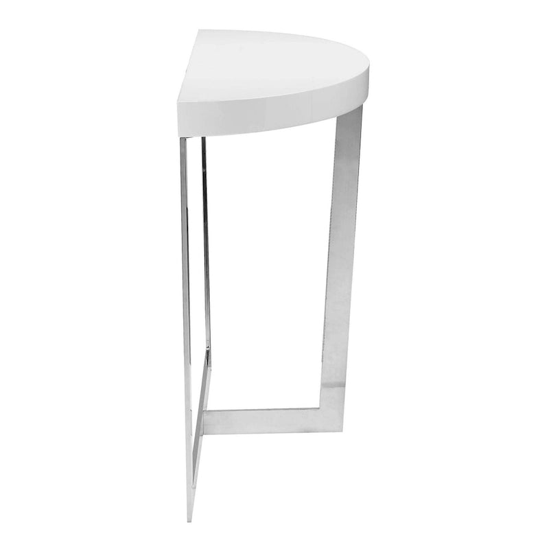 Console Tini de 55 po, plateau ovale, cadre chromé, fini blanc épuré