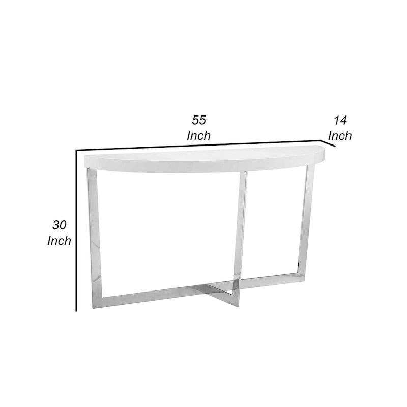 Console Tini de 55 po, plateau ovale, cadre chromé, fini blanc épuré