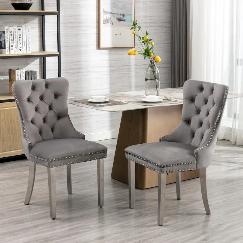 Chaise de salle à manger contemporaine haut de gamme en bois massif touffeté et velours avec pieds en acier inoxydable chromé, lot de 2