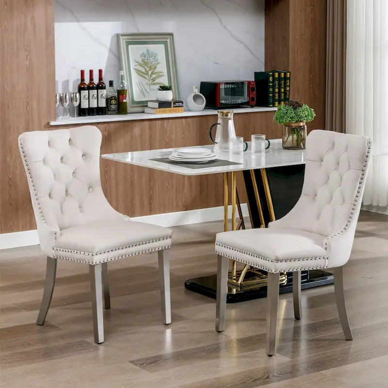 Chaise de salle à manger contemporaine haut de gamme en bois massif touffeté et velours avec pieds en acier inoxydable chromé, lot de 2