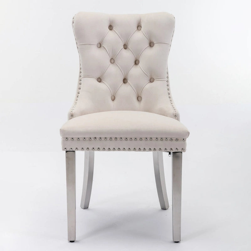 Chaise de salle à manger contemporaine haut de gamme en bois massif touffeté et velours avec pieds en acier inoxydable chromé, lot de 2