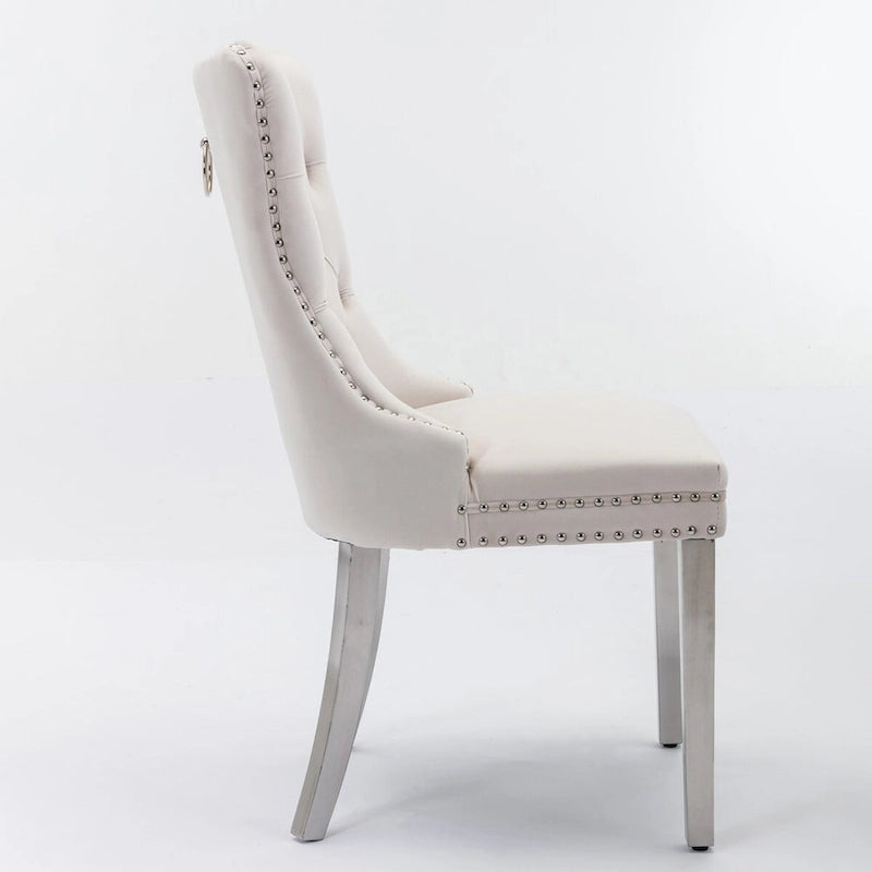 Chaise de salle à manger contemporaine haut de gamme en bois massif touffeté et velours avec pieds en acier inoxydable chromé, lot de 2
