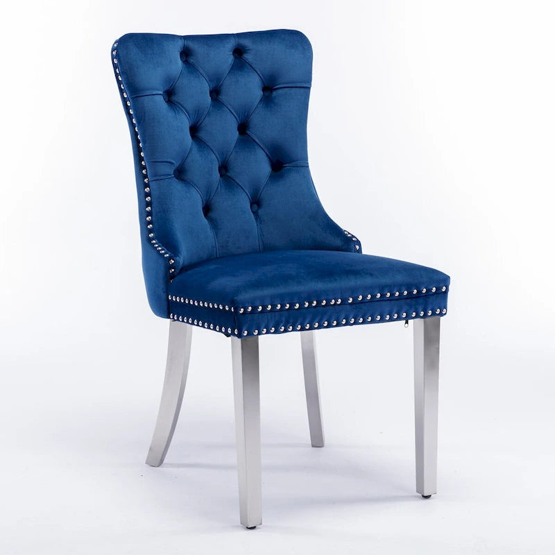 Chaise de salle à manger contemporaine haut de gamme en bois massif touffeté et velours avec pieds en acier inoxydable chromé, lot de 2