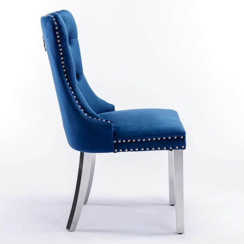 Chaise de salle à manger contemporaine haut de gamme en bois massif touffeté et velours avec pieds en acier inoxydable chromé, lot de 2