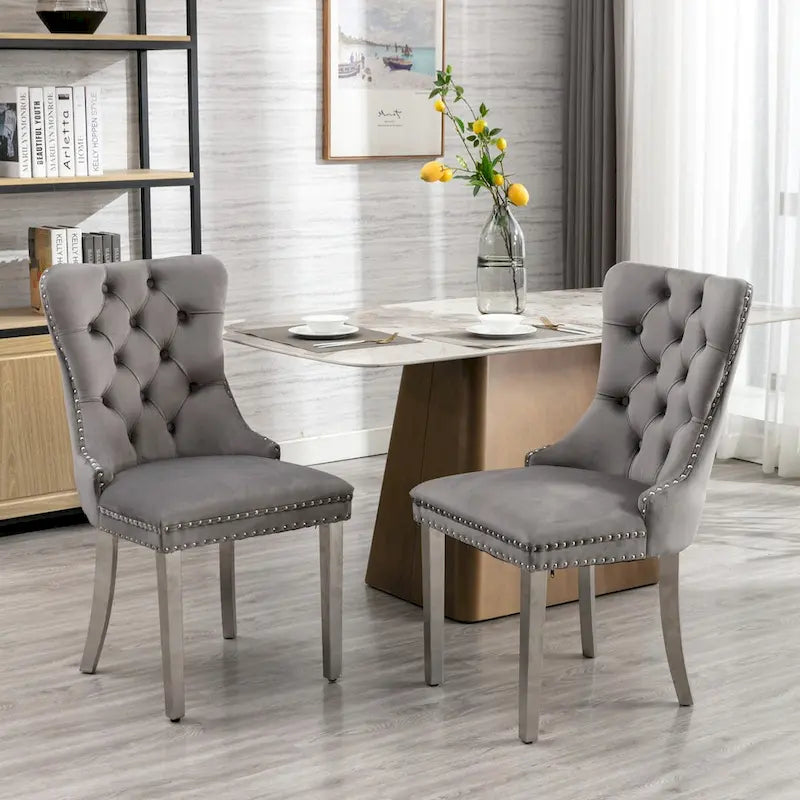 Chaise de salle à manger contemporaine haut de gamme en bois massif touffeté et velours avec pieds en acier inoxydable chromé, lot de 2
