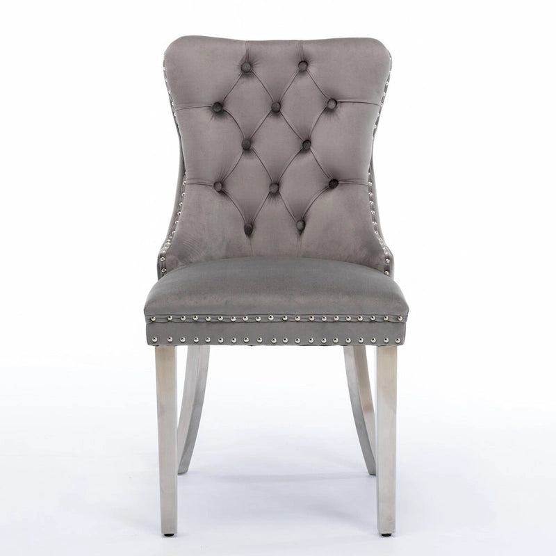 Chaise de salle à manger contemporaine haut de gamme en bois massif touffeté et velours avec pieds en acier inoxydable chromé, lot de 2