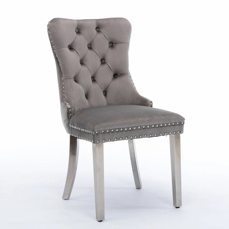 Chaise de salle à manger contemporaine haut de gamme en bois massif touffeté et velours avec pieds en acier inoxydable chromé, lot de 2