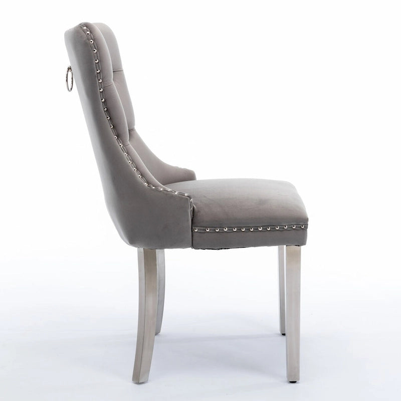 Chaise de salle à manger contemporaine haut de gamme en bois massif touffeté et velours avec pieds en acier inoxydable chromé, lot de 2