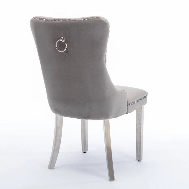 Chaise de salle à manger contemporaine haut de gamme en bois massif touffeté et velours avec pieds en acier inoxydable chromé, lot de 2