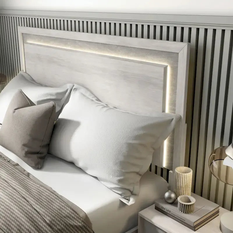 Lit panneau contemporain Jonnick blanc délavé avec éclairage LED