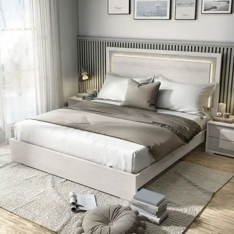 Lit panneau contemporain Jonnick blanc délavé avec éclairage LED