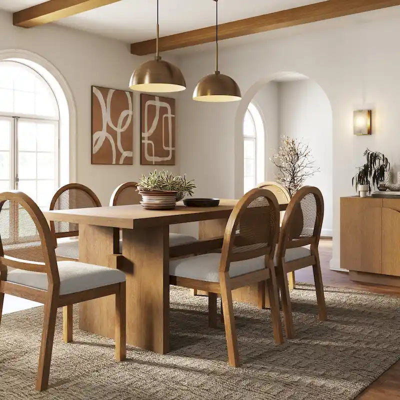 Table à manger moderne pour 6 personnes, petite table de salle à manger rectangulaire avec pieds en bois massif