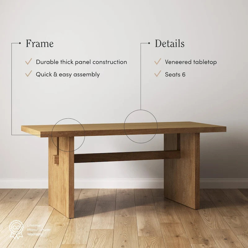 Table à manger moderne pour 6 personnes, petite table de salle à manger rectangulaire avec pieds en bois massif