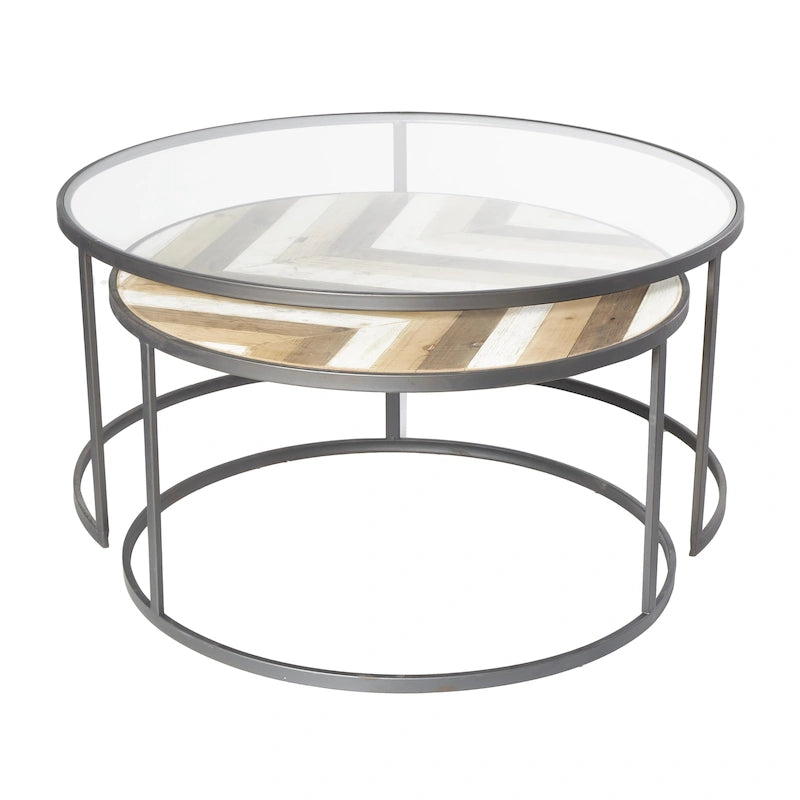 Tables basses gigognes en bois avec plateau en verre transparent - Lot de 2 gris - Roche River Decor