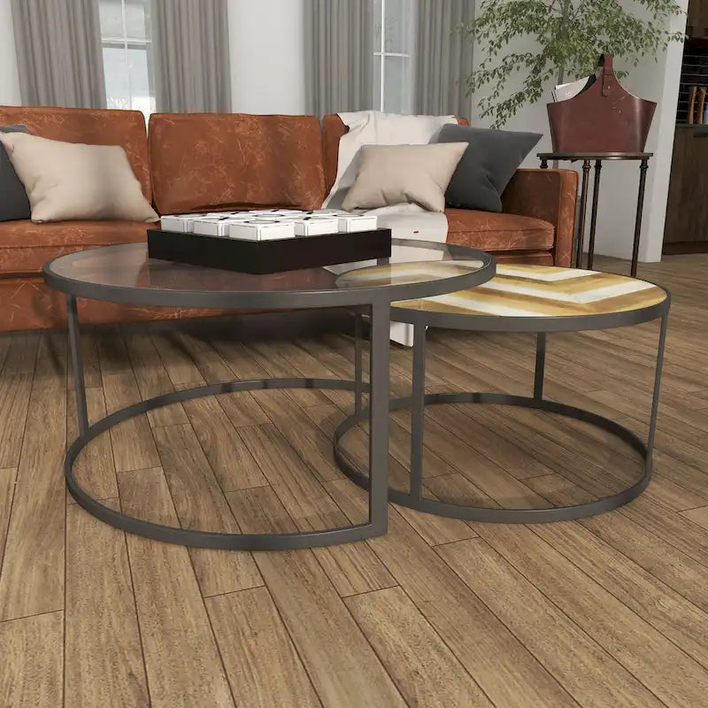 Tables basses gigognes en bois avec plateau en verre transparent - Lot de 2 gris - Roche River Decor