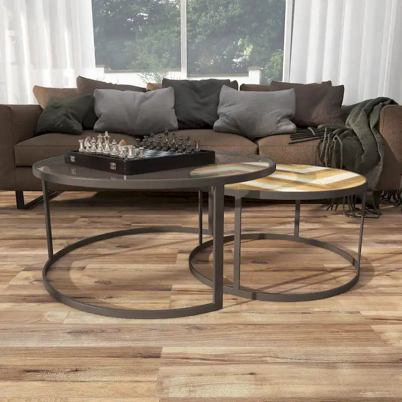Tables basses gigognes en bois avec plateau en verre transparent - Lot de 2 gris - Roche River Decor