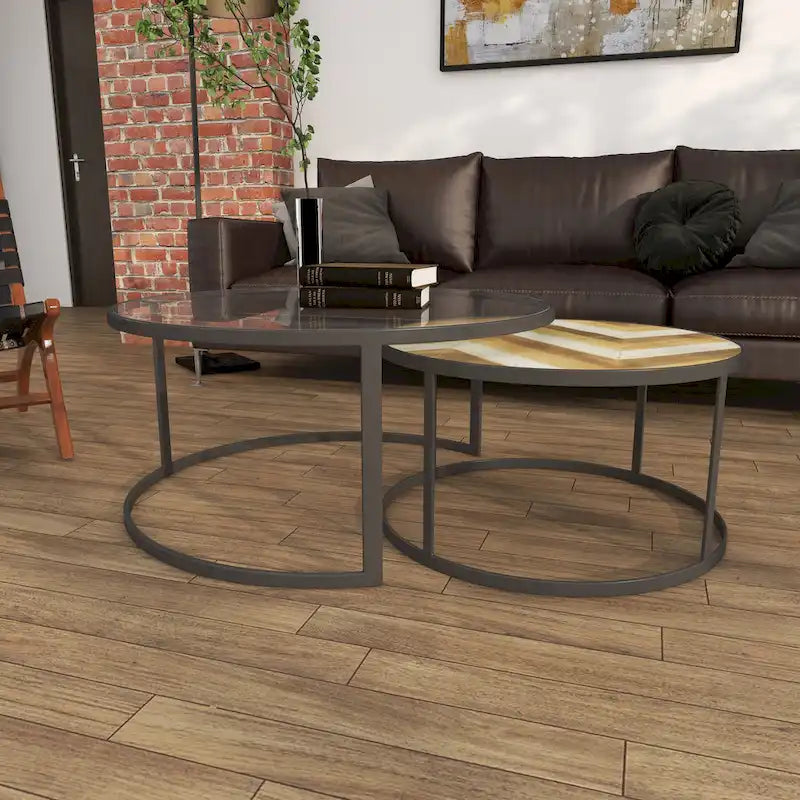 Tables basses gigognes en bois avec plateau en verre transparent - Lot de 2 gris - Roche River Decor
