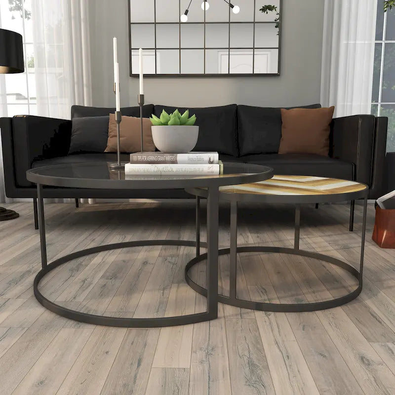 Tables basses gigognes en bois avec plateau en verre transparent - Lot de 2 gris - Roche River Decor