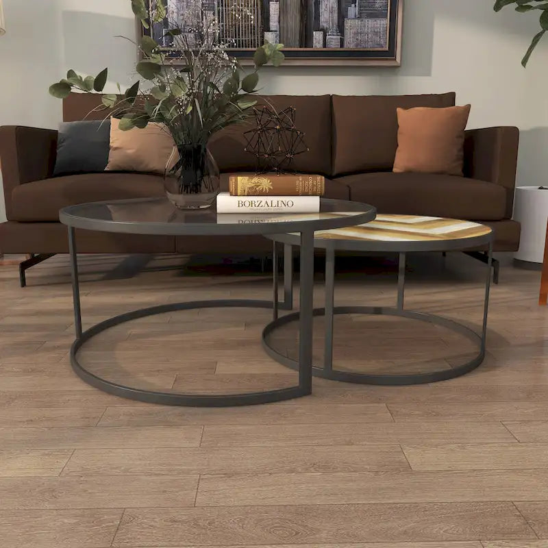 Tables basses gigognes en bois avec plateau en verre transparent - Lot de 2 gris - Roche River Decor