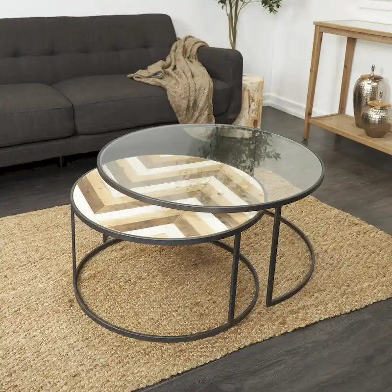 Tables basses gigognes en bois avec plateau en verre transparent - Lot de 2 gris - Roche River Decor