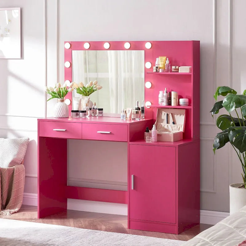 Coiffeuse avec miroir lumineux, coiffeuse avec 2 tiroirs et rangements, table de maquillage avec rangements ouverts