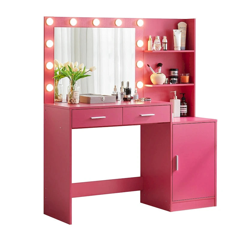 Coiffeuse avec miroir lumineux, coiffeuse avec 2 tiroirs et rangements, table de maquillage avec rangements ouverts