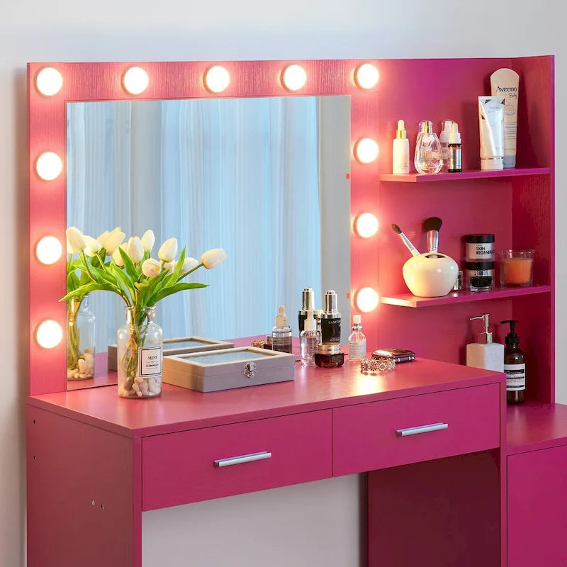 Coiffeuse avec miroir lumineux, coiffeuse avec 2 tiroirs et rangements, table de maquillage avec rangements ouverts