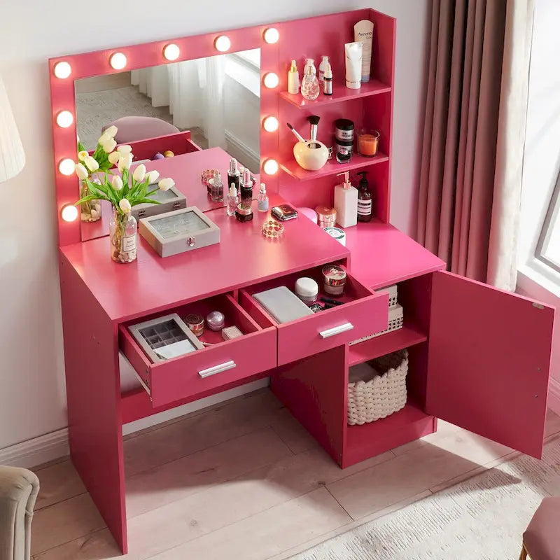 Coiffeuse avec miroir lumineux, coiffeuse avec 2 tiroirs et rangements, table de maquillage avec rangements ouverts