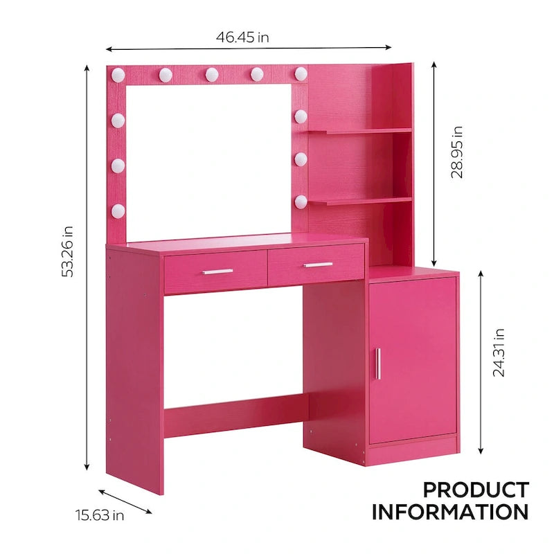 Coiffeuse avec miroir lumineux, coiffeuse avec 2 tiroirs et rangements, table de maquillage avec rangements ouverts