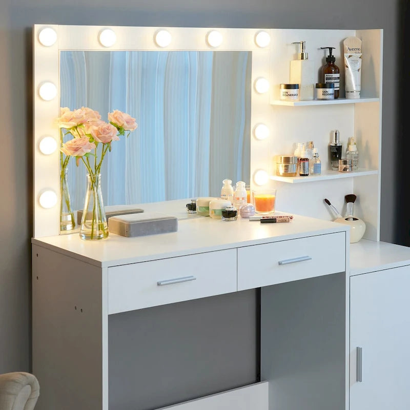 Coiffeuse avec miroir lumineux, coiffeuse avec 2 tiroirs et rangements, table de maquillage avec rangements ouverts