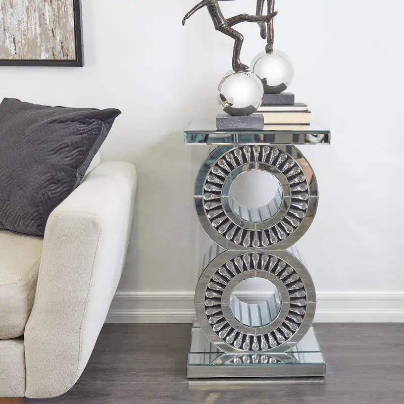 Table d'appoint miroir en verre avec ornements en cristal - Argent - Roche River Decor